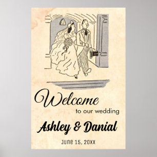 Vintage Retro Bride Groom Rustic Welcome Wedding Poster