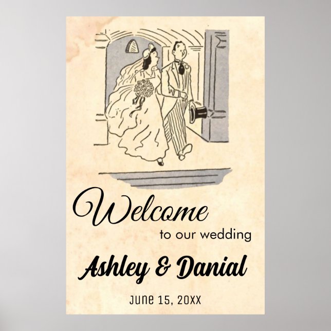 Vintage Retro Bride Groom Rustic Welcome Wedding Poster (Front)