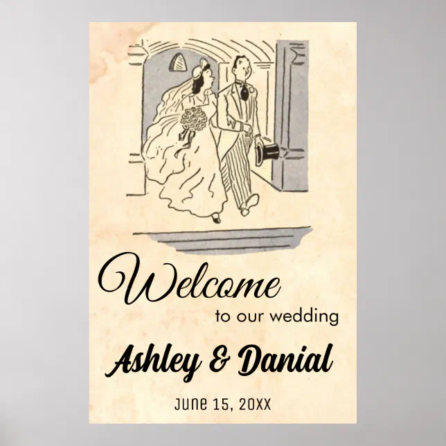 Vintage Retro Bride Groom Rustic Welcome Wedding Poster | Zazzle