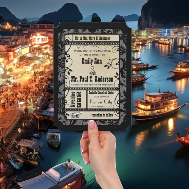 Vintage Retro Broadway Rustic Movie Ticket Wedding Invitation (Creator Uploaded)