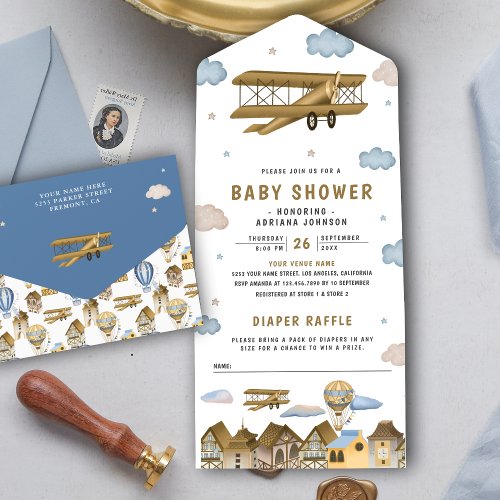 Vintage Retro Brown Airplane Baby Shower All In One Invitation