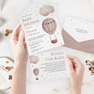 Vintage Retro Brown Hot Air Balloon Baby Shower All In One Invitation