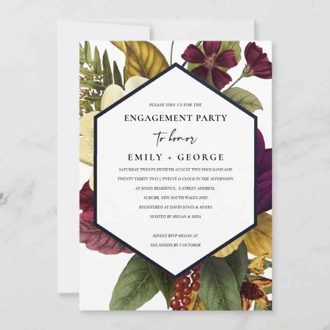 VINTAGE RETRO BURGUNDY OCHRE FLORAL ENGAGEMENT INVITATION (Front)