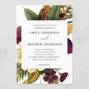 VINTAGE RETRO BURGUNDY YELLOW FLORAL BUNCH WEDDING INVITATION