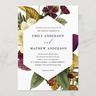 VINTAGE RETRO BURGUNDY YELLOW FLORAL BUNCH WEDDING INVITATION