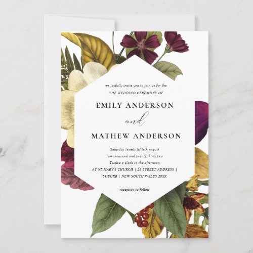 VINTAGE RETRO BURGUNDY YELLOW FLORAL BUNCH WEDDING INVITATION