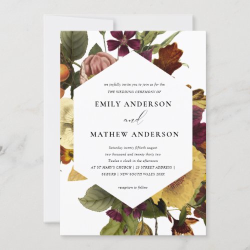 VINTAGE RETRO BURGUNDY YELLOW FLORAL BUNCH WEDDING INVITATION