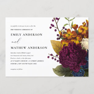 VINTAGE RETRO BURGUNDY YELLOW FLORAL BUNCH WEDDING INVITATION