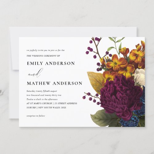 VINTAGE RETRO BURGUNDY YELLOW FLORAL BUNCH WEDDING INVITATION