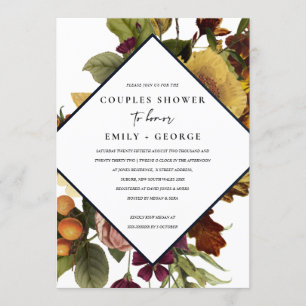 VINTAGE RETRO BURGUNDY YELLOW FLORAL COUPLE SHOWER INVITATION