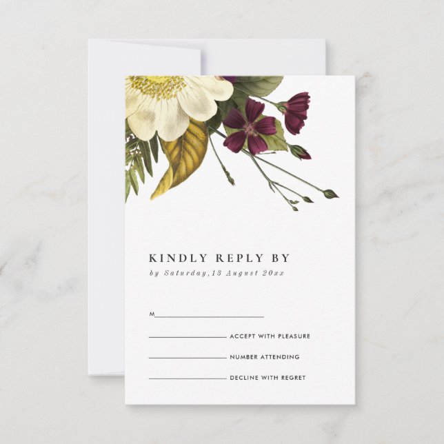 VINTAGE RETRO BURGUNDY YELLOW FLORAL WEDDING RSVP (Front)