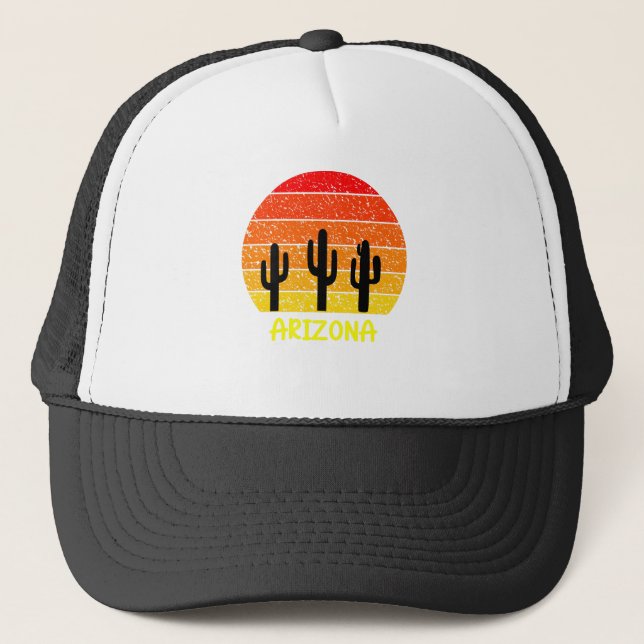 Vintage Retro Cactus Arizona Sunset Trucker Hat (Front)