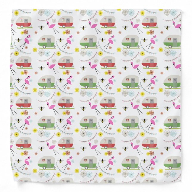 Vintage Retro Camper Trailer Flamingo Floral Bandana (Front)
