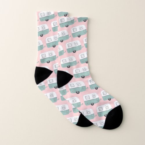 Vintage Retro Camper Trailer Pink Socks