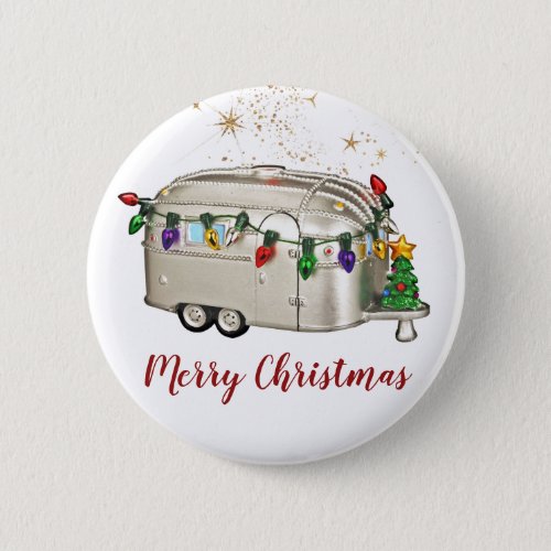 Vintage Retro Camper Trailer Red Merry Christmas Button