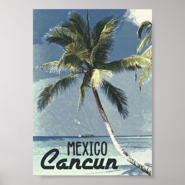 Vintage retro Cancun Mexico Travel Ocean Beach Art Poster (Front)