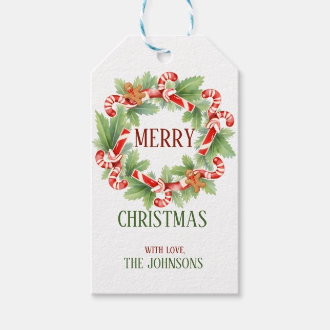 Vintage Retro Candy Cane Wreath Christmas Gift Tag (Front)