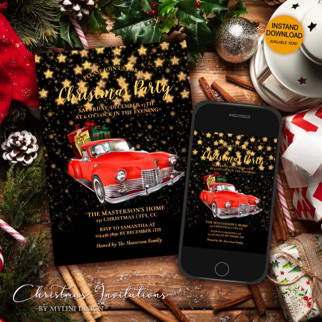 Vintage Retro Car and Santa Claus Christmas Invitation (Creator Uploaded)