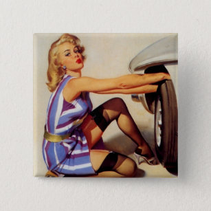 Vintage Retro Car Mechanic Pinup Girl Button