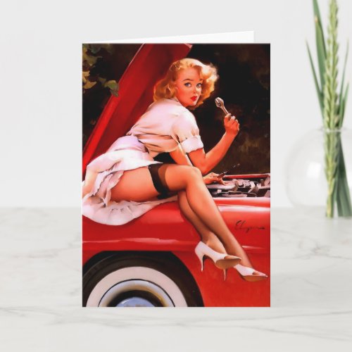 Vintage Retro Car Mechanic Pinup Girl Card