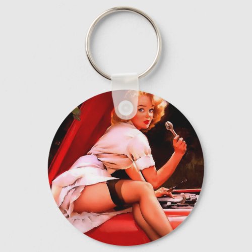 Vintage Retro Car Mechanic Pinup Girl Keychain