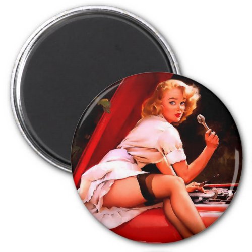 Vintage Retro Car Mechanic Pinup Girl Magnet