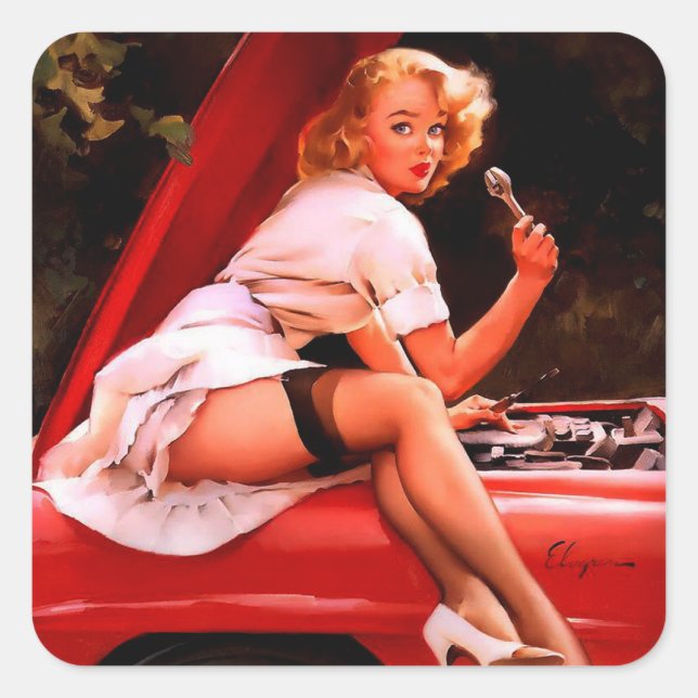 Vintage Retro Car Mechanic Pinup Girl Square Sticker (Front)