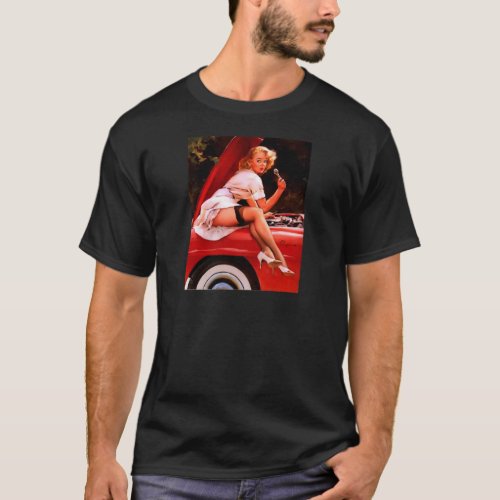 Vintage Retro Car Mechanic Pinup Girl T_Shirt