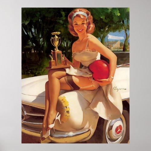Vintage Retro Car Race Pin Up Girl Poster
