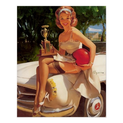 Vintage Retro Car Race Pin Up Girl Poster