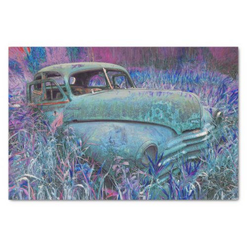 Vintage Retro Car Teal Blue Rustic Old Art Tissue Paper