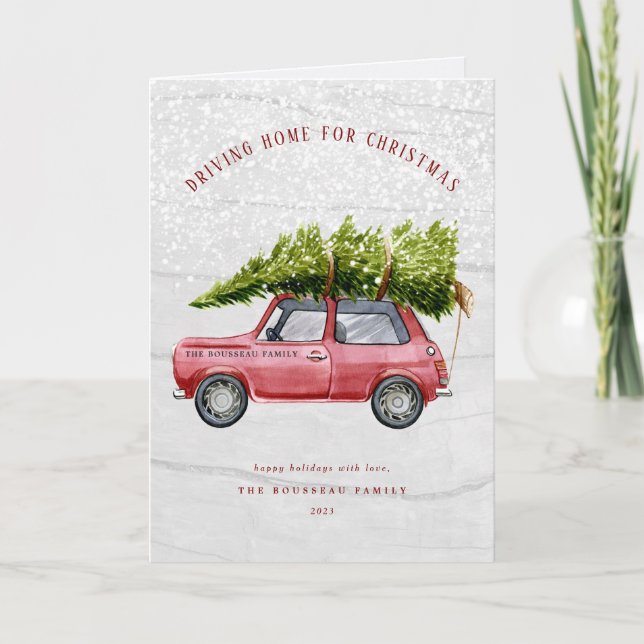 Vintage Retro Car Tree Snow Holiday Card (Front)