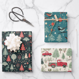 Vintage Retro Car Winter Bird Christmas Tree Gift Wrapping Paper Sheets