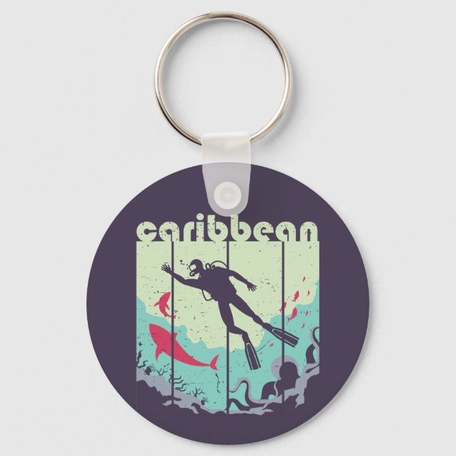 Vintage Retro Caribbean Diving Cool Scuba Diver Keychain (Front)