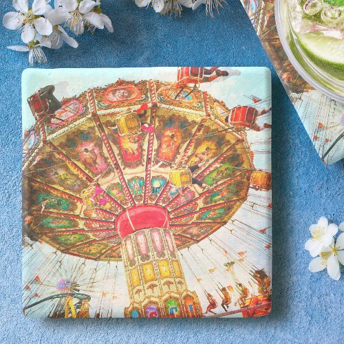 Vintage retro carnival swing ride colorful photo stone coaster