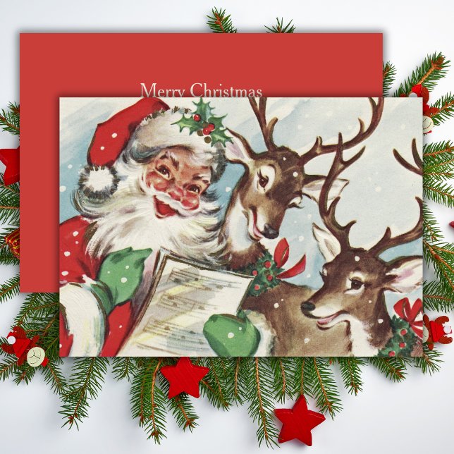 Vintage Retro Caroling Santa& Reindeer Christmas Holiday Card (Vintage Retro Caroling Santa& Reindeer Christmas Holiday Card)