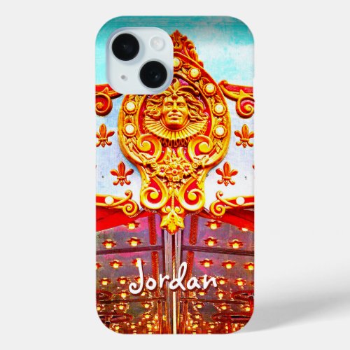 Vintage retro carousel face photo custom name iPhone 15 case