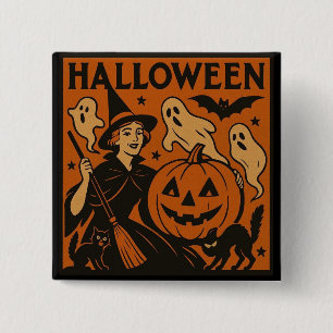 Vintage/retro cat, ghost, pumpkin & witch button
