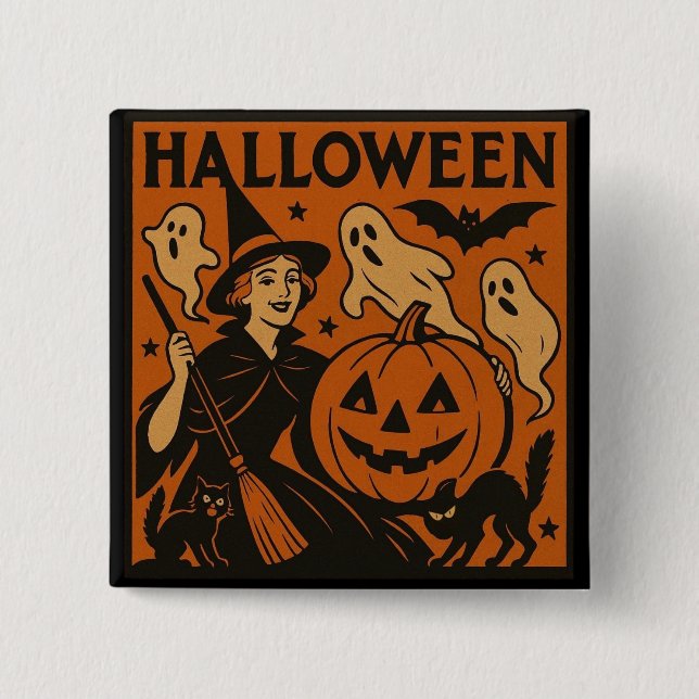Vintage/retro cat, ghost, pumpkin & witch button (Front)