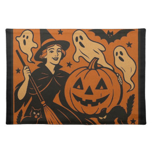 Vintage/retro cat, ghost, pumpkin & witch cloth placemat