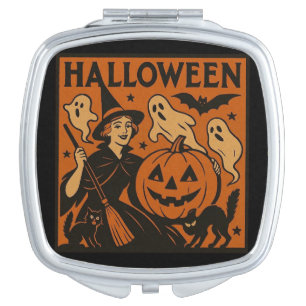 Vintage/retro cat, ghost, pumpkin & witch compact mirror