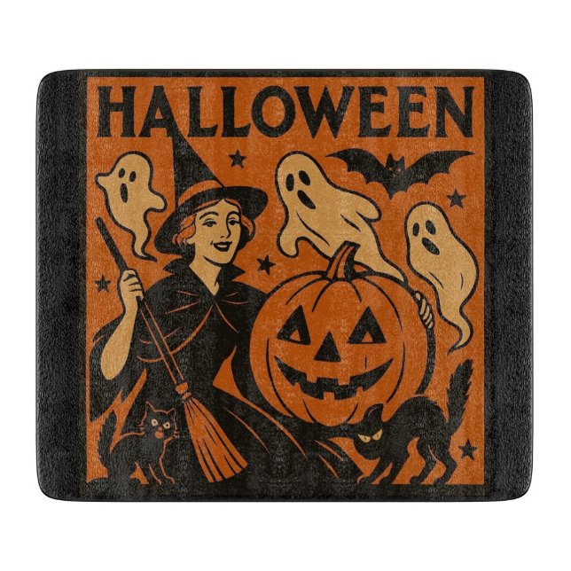 Vintage/retro cat, ghost, pumpkin & witch cutting board (Front)