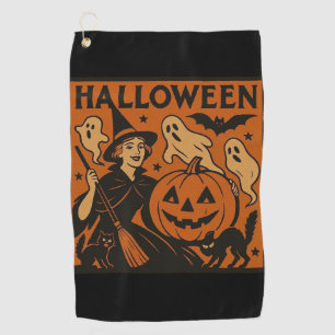 Vintage/retro cat, ghost, pumpkin & witch golf towel