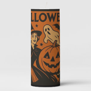 Vintage/retro cat, ghost, pumpkin & witch pillar candle