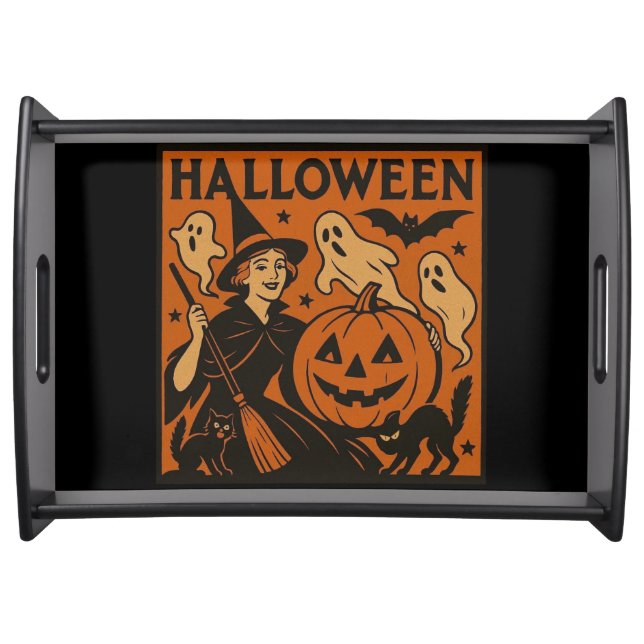 Vintage/retro cat, ghost, pumpkin & witch serving tray (Front)