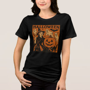 Vintage/retro cat, ghost, pumpkin & witch Tri-Blend shirt