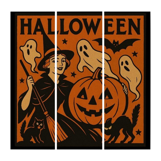 Vintage/retro cat, ghost, pumpkin & witch triptych (Front)