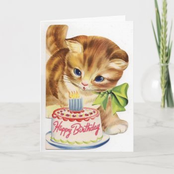 Vintage Retro Cat Kitten Birthday Cake Greeting Card by ZazzleArt2015 at Zazzle