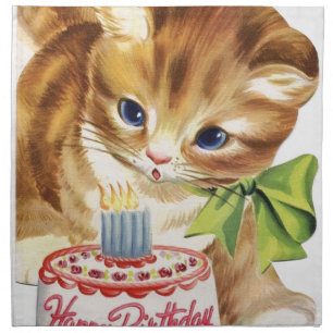 Vintage Retro Cat Kitten Birthday Cake Greeting Cloth Napkin