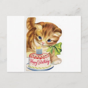 Vintage Retro Cat Kitten Birthday Cake Greeting Postcard